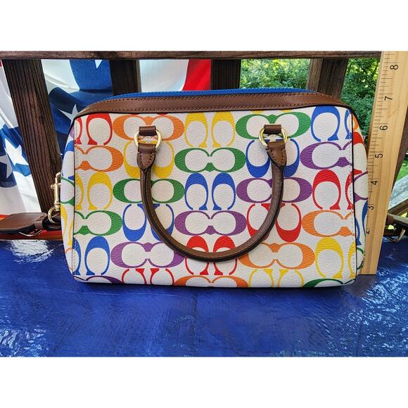 AUTHENTIC COACH ROWAN PVC LEATHER TRIM SATCHEL BAG PURSE 2488 RAINBOW/PRIDE - Picture 5 of 8